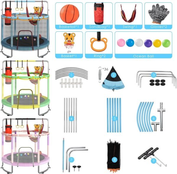 Kids’ Trampoline with Safety Net & Adjustable Gymnastics Bar